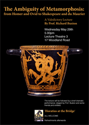 Poster (featuring vase depicting the myth of Actaeon) for The Ambguity of Metamorphosis: from Homer and Ovid to Shakepeare and du Maurier, a Valedictory Lecure by Prof. Richard Buxton